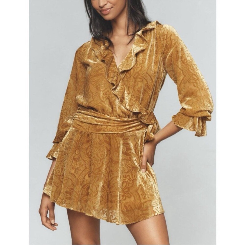 Anthropologie V-Neck Velvet Mini Dress Womens Sz 8 Gold Ruffle Ruched Lined NWT